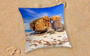 The Sentry, Two Rocks Throw Pillow design by Dave Catley featuring Southerly Rock at Two Rocks giving the suburb its name available from ourMADCAT.RedBubble.com store.